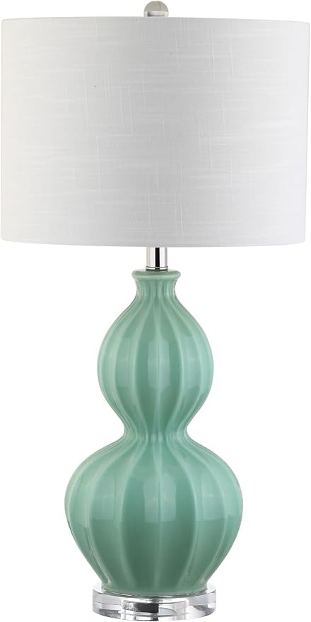 JONATHAN Y 28" Seafoam Green Fluted Ceramic Gourd LED Table Lamp, Midcentury Glam Bedside Lamp for Living Room Bedroom, White Linen Drum Shade, LED Bulb Included JYL5015A
