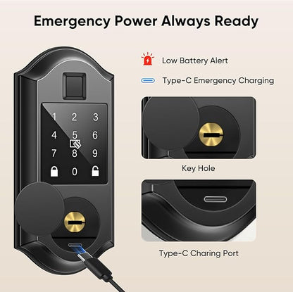 Smart Front Door Lock with Fingerprints, 2 Keys & 4 Cards, Front Door Lock Set Keyless Entry, Smart Locks for Front Door, Keypad Deadbolt with Handle, APP Control, Auto Lock, Matte Black