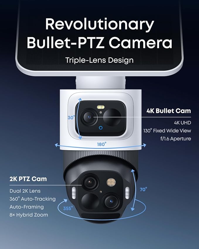 eufy Security eufyCam S4 2-Cam Kit,4K Solar Camera Wireless Outdoor, Triple Lens Bullet-PTZ Cam, 360° View, Cross-Cam Track, AI Recognition, 8X Zoom, Color Night Vision, 0 Monthly Fee, Local Storage