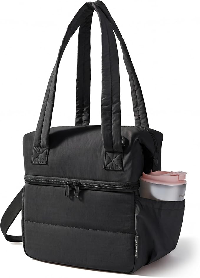 BAGSMART Double Deck Lunch Bag Women, Insulated Reusable Lunch Box, Quilted Puffer Lunch Tote with Shoulder Strap, Durable Large Lunch Cooler For Work Picnic Travel Meal Prep Flight, Black