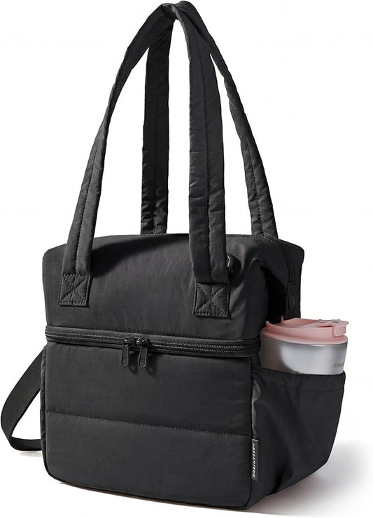 BAGSMART Double Deck Lunch Bag Women, Insulated Reusable Lunch Box, Quilted Puffer Lunch Tote with Shoulder Strap, Durable Large Lunch Cooler For Work Picnic Travel Meal Prep Flight, Black