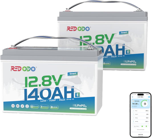 Redodo 12V 140Ah LiFePO4 Battery Group31, 10-Year Lifespan, 150A BMS & Bluetooth Monitoring, Ideal for RVs, Solar, Marine, Boat, Solar and Off-Grid 2 Pack