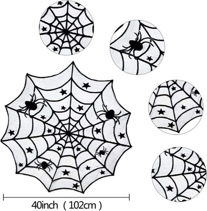 Hommtina 4 Pack Halloween Decorations Tablecloth Runner Black Lace Round Spider Cobweb Table Cover Fireplace Mantel Scarf Spiderweb with 60 Pcs 3D PVC Scary Black Bat Sticker Halloween Party Supplies