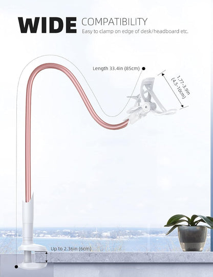 Lamicall Phone Holder Bed Gooseneck Mount - Cell Phone Clamp Clip for Desk, Flexible Lazy Long Arm Headboard Bedside, Overhead Mount Stand, for 4-7" Phone, iPhone 15 Pro Max, 14 Plus, 13, Rose Gold