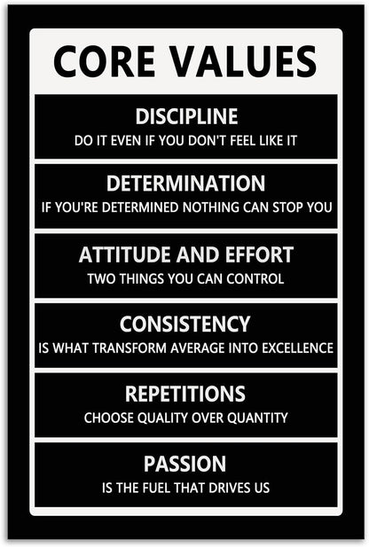 Core Values Inspirational Posters Motivational Canvas Wall Art Inspiring Entrepreneur Quotes Painting Modern Positive Posters Prints Artwork for Office Gym Living Room Decor Framed[24" W x 36" H]