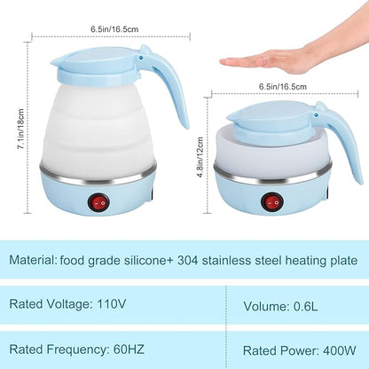 Travel Foldable Electric Kettle, Portable Kettle for Fast Water Boiling Tea Coffee, with 1 Collapsible Bowl and 2 Cups, Food Grade Silicon, 600ML 110V