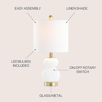 JONATHAN Y 20" White/Brass Gold Ribbed Gourd Glass Table Lamp, Modern Bedside Lamp for Bedroom Living Room, White Linen Drum Shade, LED Bulb Included JYL1099A
