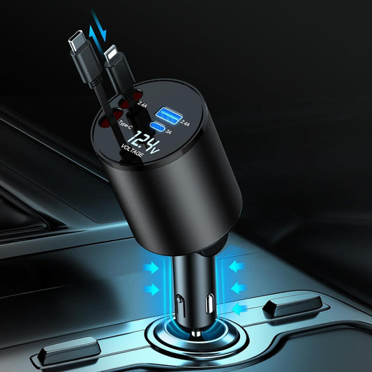 Retractable Car Charger, 4 in 1 Super Fast Car Phone Charger 60W, 2 Retractable Cables and 2 USB Ports Car Charging Adapter,Compatible with iPhone 16/15/14/13/12/11,Air-Pods 4,Galaxy,Pixel