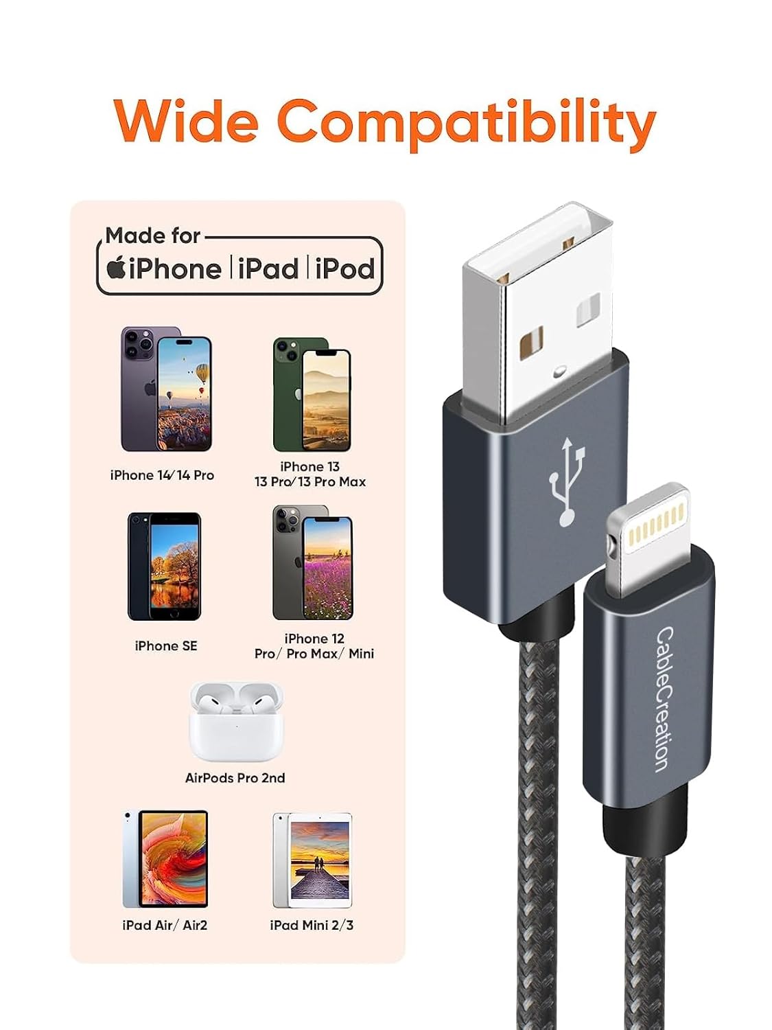 CableCreation Short iPhone Charger Cable 0.5FT/0.15m, USB A to Lightning Cable, Lightning to USB Data Sync Cord [MFi Certified] for iPhone 14/14 Pro, AirPods Pro, iPhone 13/13 Pro/12, iPad Pro, Grey