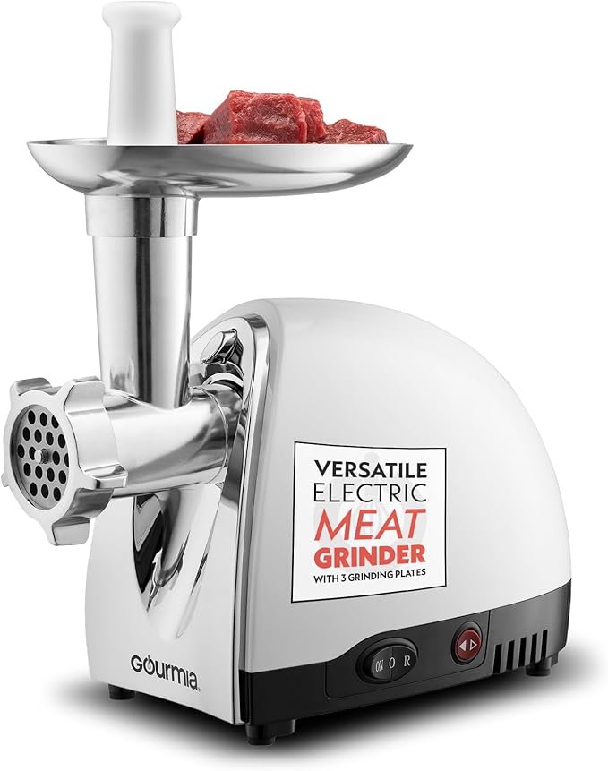 Gourmia Electric Meat Grinder – 500W Commercial Grade Meat Processor with Sausage Stuffer, 3 Stainless Steel Grind Plates Fine to Coarse, Stainless Steel