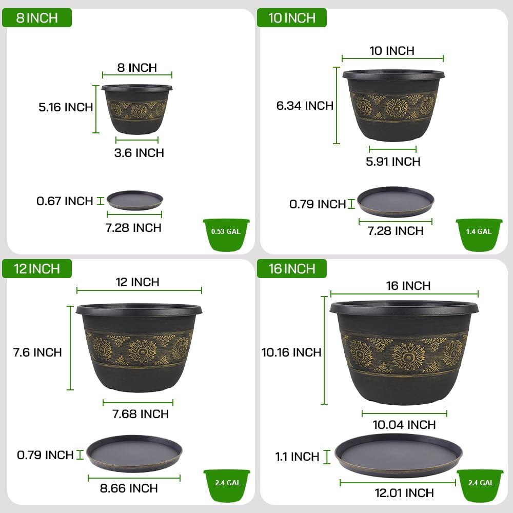 6 Pack 8 inch Plant Pots, Retro Pattern Planters with Drainage Holes and Saucer, Sturdy Plastic Garden Flower Pots for Indoor & Outdoor Plants