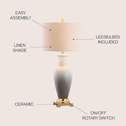 JONATHAN Y 31.5" White/Gray Dip Dye Ceramic Table Lamp for Living Room, Large Bedside Lamp for Bedroom with White Linen Drum Shade, Traditional End Table Light, LED Bulb (JYL3017B)