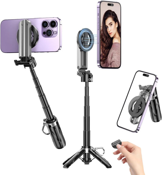 Magnetic Tripod for iPhone with Remote Control,4-in-1 Portable Selfie Stick with Extendable Stand,Phone Travel Tripod for Phone 16 15 14 13 12 Pro Max Mini