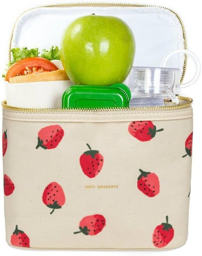 kate spade new york Beige Lunch Bag, Small Insulated Lunch Tote, Thermal Bag with Double Zipper and Carrying Handle, Strawberries