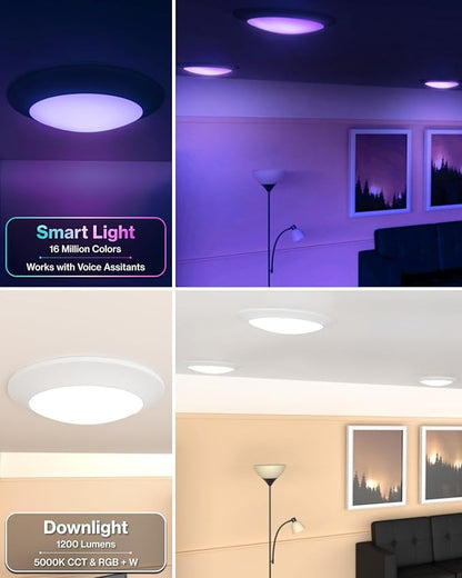Sunco 5/6 Inch Smart Disk LED Flush Mount Ceiling Recessed Can Light for Living Room, Bedroom, App Controlled Compatible with Alexa and Google, Dimmable, 15W, RGB+5000K Daylight, 1200 LM ETL 4 Pack