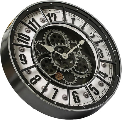 18 Inch Wall Clock with Moving Gears, Oversized Large Industrial Steampunk Decoration, Antique Metal Big Numeral Wall Clocks for Kitchen Study Room Living Room Decor (Industrial Metal Silver-White)