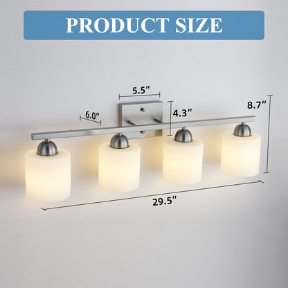 Stainless Steel Milk Glass Vanity Lights for Bathroom, 4 Light Brushed Nickel Bathroom Light Fixtures Over Mirror, Ceramic E26 Sockets Wall Mounted