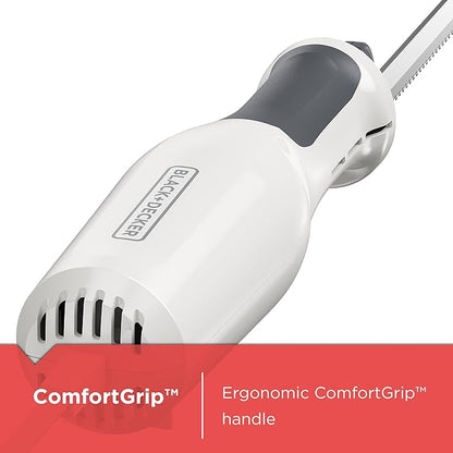 BLACK+DECKER 9 inch Electric Carving Knife, Comfort Grip Handle & Safety Lock Button, Stainless Steel Blades and Dishwasher Safe Parts, Corded, White
