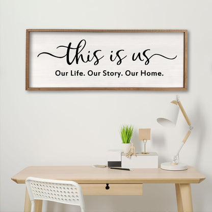 This is us Wall Decor Sign 40'' x 15'' Large Master Bedroom Home Life Story Wood Framed Vintage Family Sign Rustic Plaque Living Room Minimalist Farmhouse Hanging Wall Art (Wood)