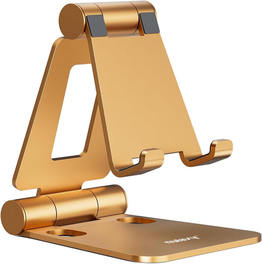 Nulaxy Dual Folding Cell Phone Stand, Fully Adjustable Foldable Desktop Phone Holder Cradle Dock Compatible with Phone 16 15 14 13 12 11 Pro Xs Xs Max Xr X 8, Nintendo Switch, All Phones - Orange