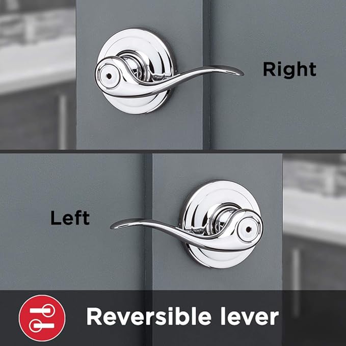 Kwikset Tustin Interior Privacy Door Handle with Lock, Door Lever For Bathroom and Bedroom, Polished Chrome Reversible Keyless Turn Lock