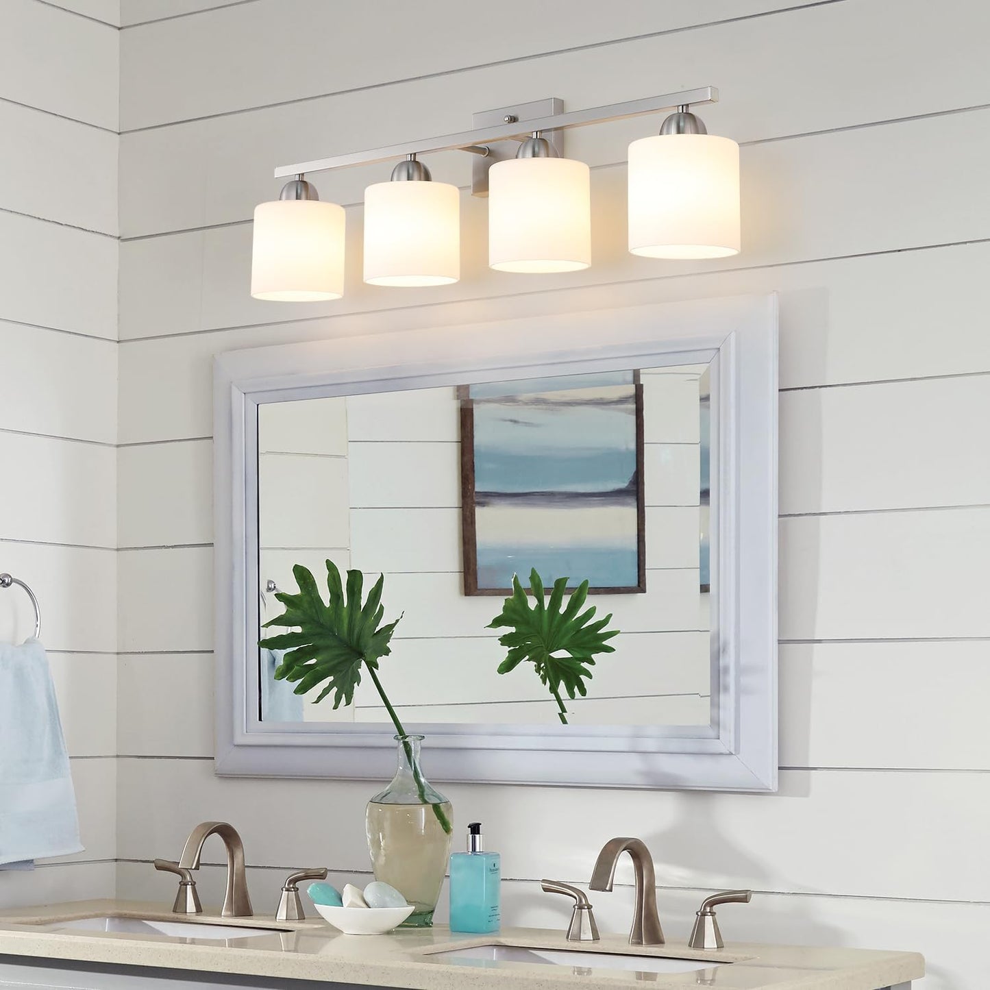 Stainless Steel Milk Glass Vanity Lights for Bathroom, 4 Light Brushed Nickel Bathroom Light Fixtures Over Mirror, Ceramic E26 Sockets Wall Mounted