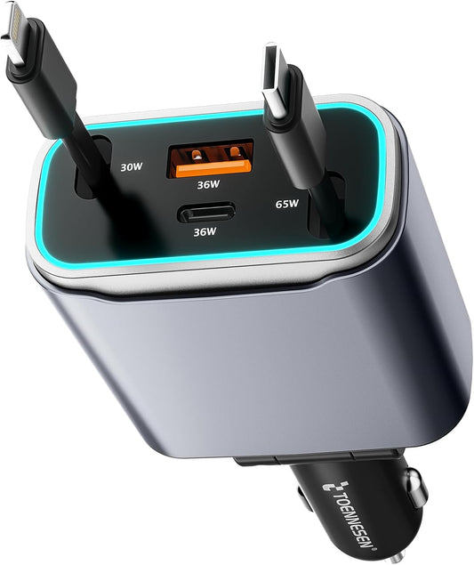 Retractable Car Charger USB C 131W 4-in-1 Fast Charging with 2 Retractable Cables Car Phone Charger Adapter for iPhone 16 15 14 13 Fast Charge Car Accessories, Gifts for Men Women