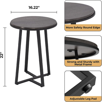 Round End Table, Small Side Table Grey Color MDF Top, Metal Frame Black, Tall End Side Table for Bed Room, Coffee Tea End Table for Living Room(Round Grey)