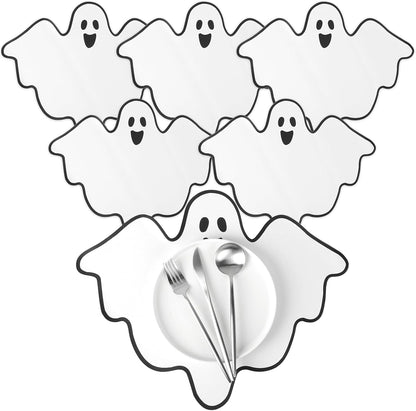 Remerry 6 Pcs Halloween Leather Table Placemats Washable Ghost Dinner Mats Easy to Clean Halloween Spooky Leather Placemats Ghost Table Mats for Holiday Kitchen Dining Party Decoration