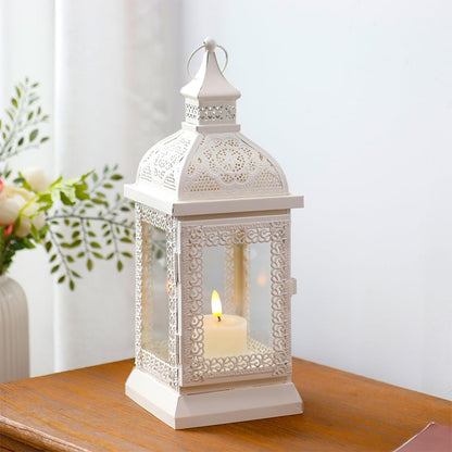 TRIROCKS Rustic Style Metal Candle Lantern 13'' High Decorative Outdoor Lantern Candle Holder with Tempered Glass for Thanksgiving Christmas Living Room Garden Patio Parties Indoors Outdoors (Cream)