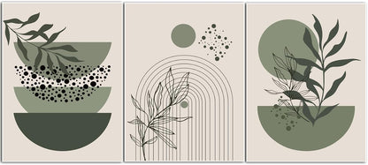 Sage Green Boho Wall Art Set of 3 Abstract Minimalist Geometric Line Poster Green Botanical Leaf Canvas Prints Modern Artwork Painting Decor for Living Room Bedroom Office 16x24 in Unframed