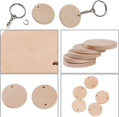 50Pcs Round Wood Circles with Keychain,Blank Round-Shaped Wooden Keychain Set with 50Pcs Wood Blanks,50 Pcs Keychain Rings with Chain,50Pcs Open Jump Rings for DIY Crafts Decorations Ornaments