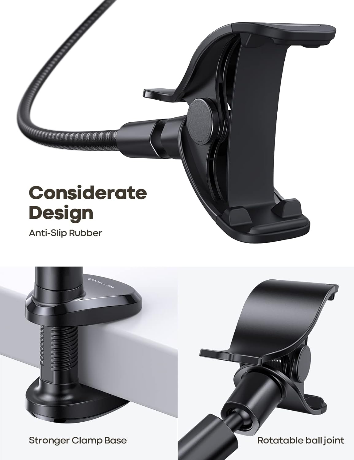 Lamicall Gooseneck Phone Holder Bed - [Nylon Braided] Flexible Arm, 38inch Overall Length, 360 Adjustable Clamp Clip, Overhead Cell Phone Mount Stand for Bed, Desk, 4-7” Cellphone