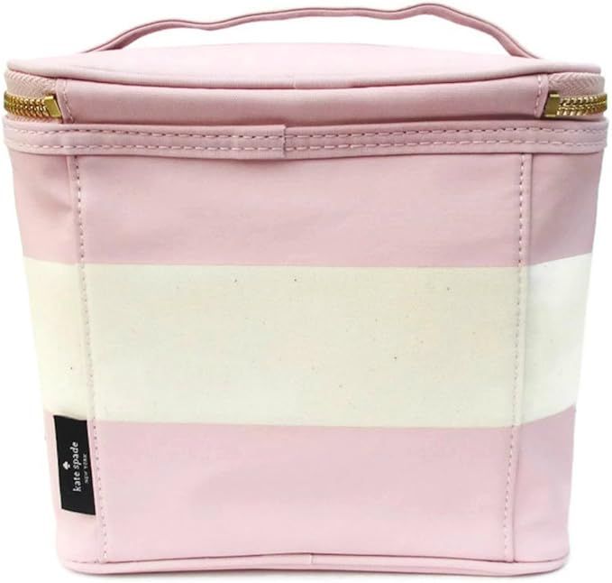 kate spade new york Small Insulated Lunch Tote, Lunch Cooler, 8 x 7 x 4.5 Cute Lunch Bag for Women, Pink Thermal Bag with Double Zipper Close and Carrying Handle, Blush Rugby Stripe