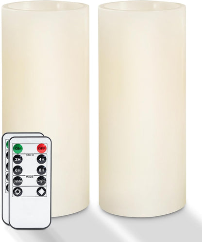 Homemory 9" x 3" Flameless Candles Battery Operated, Flickering LED Pillar Candles with Timers and 2 Remote Controls, Indoor Only, Flat Top, Ivory White Wax, Set of 2