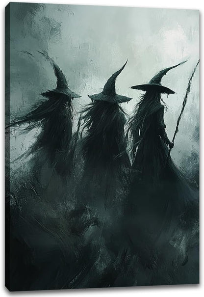 Gothic Witchs Horror Halloween Wall Art,Three Witches in Moody Forest Painting Wall Decor,Autumn Spooky Witches Forest Canvas Printing For Gallery Living Room Bedroom,16"x24" Framed