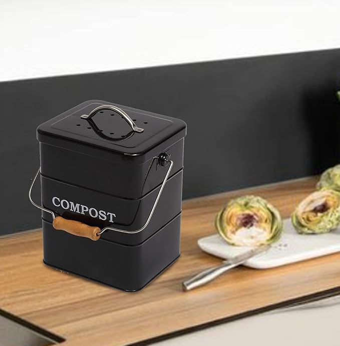 Compost Bin Kitchen Countertop Indoor Compost Pail Bucket, Great for Food Scraps, Carbon Steel, Handles, Black, 1 Gallon - Includes Charcoal Filter