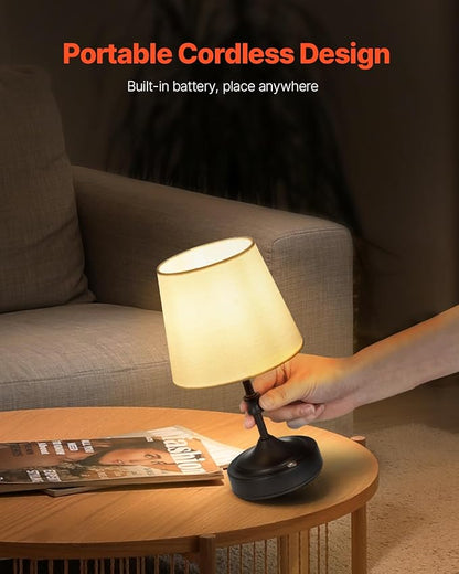 VEVOR Cordless Table Lamp, 5200mAh Built-in Rechargeable Battery Small Desk Lamp, 3-Level Brightness, Fabric Shade, 2700-3000K Color Temperature, Table Light for Restaurant, Bedroom, Bars, Black