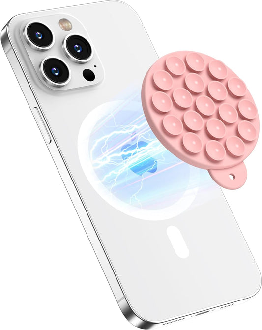 Magnetic Suction Cup Phone Mount for MagSafe Case, Silicone Hands-Free Grip Holder for iPhone and Android, Mirror Shower Phone Stand for Makeup FaceTime Gym Kitchen Bathroom, Peach Pink