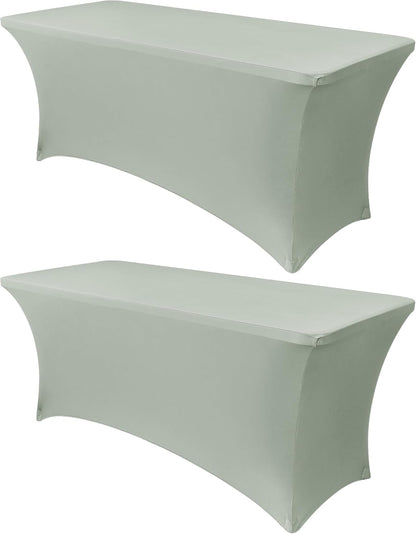 Obstal 2PC Sage Green Tablecloth - 8ft Rectangle Spandex Table Cover for Party, Events, Banquets & Weddings, Machine Washble