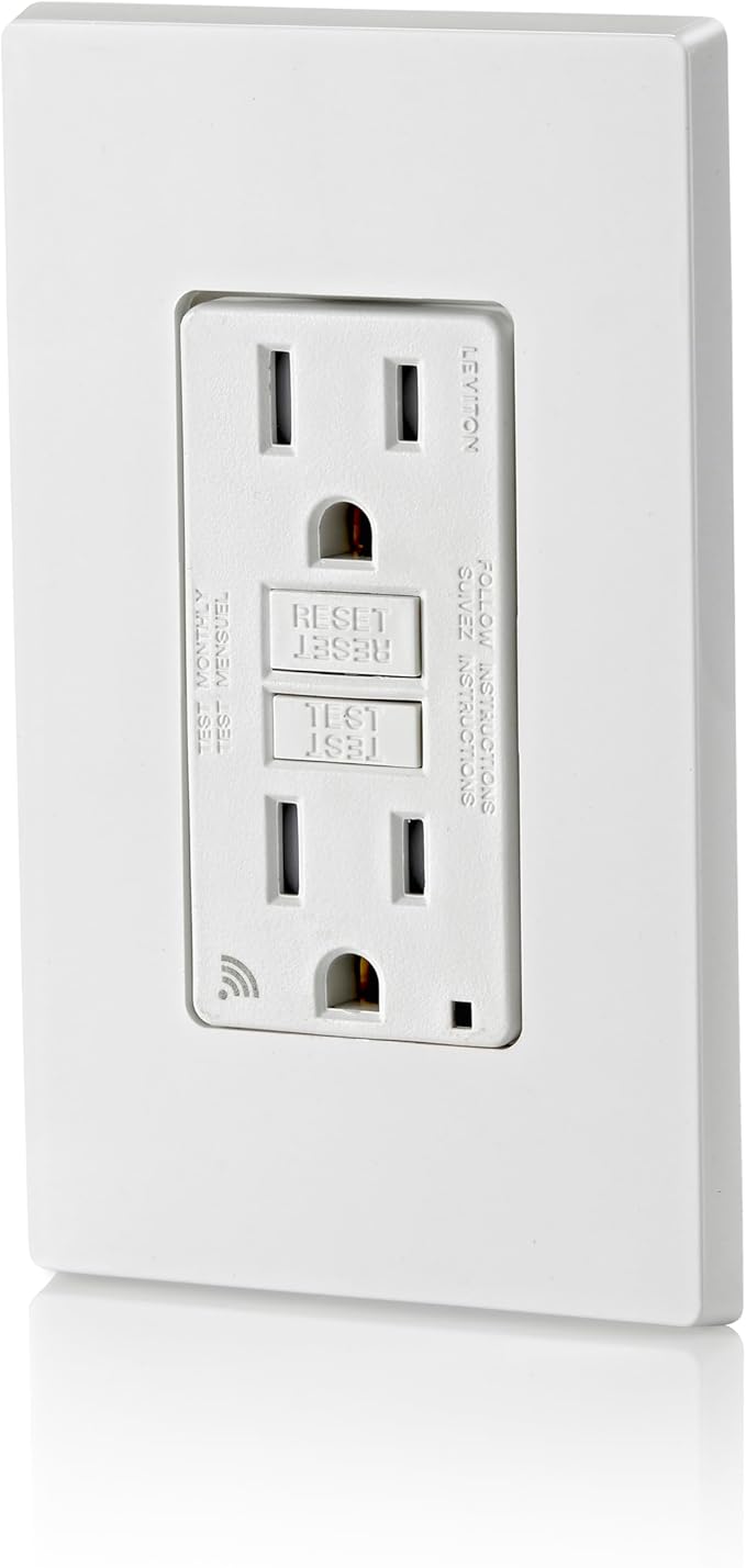Leviton Smart GFCI, 15 Amp, Self Test, Tamper-Resistant with LED Indicator Light, Send Notifications Directly to Your Smartphone, D2GF1-KW, White