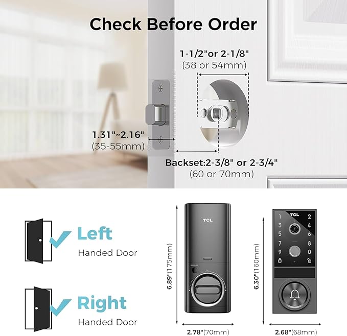 TCL Video Smart Door Lock D1 Max, 3-in-1 2K Camera+Doorbell+Fingerprint Door Lock, Built-in Wi-Fi Deadbolt for Front Door, Keyless Entry, Auto Lock, App Remote Control, Easy Installation (Black)