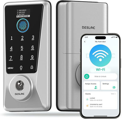DESLOC WiFi Smart Lock D110 Plus, Built-in Wi-Fi No Hub Needed, Fingerprint Keyless Entry Front Door Lock, Touchscreen Keypad Deadbolt, Remote Control, Auto Lock, Anti-Peep PIN, BHMA, Alexa Compatible
