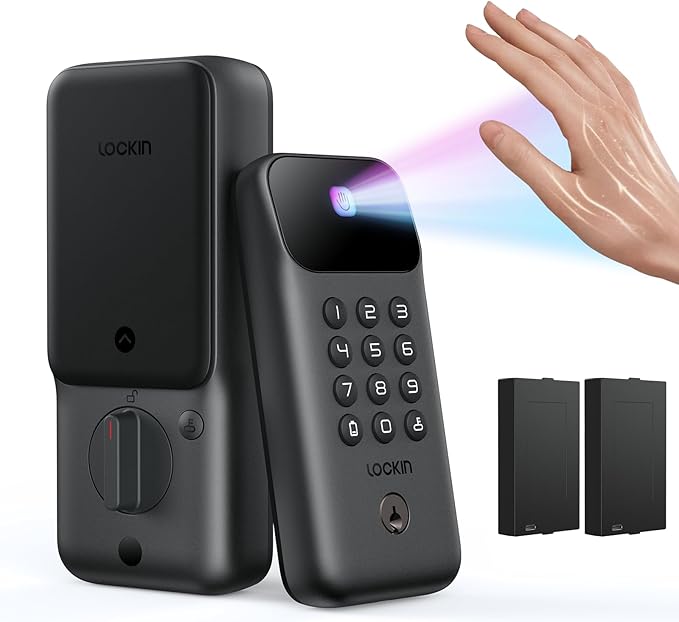 Lockin Veno Go Smart Deadbolt Lock with Dual Swappable Batteries for 14-Month Extended Power, Palm Vein Recognition, ANSI Grade 3, WiFi, Matter, 5 Unlock Methods, IP53 Waterproof
