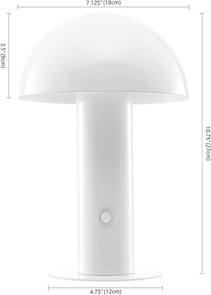 JONATHAN Y 10.75" White Rechargeable LED Mushroom Table Lamp, Cordless Portable Bedside Lamp for Living Room Bedroom, 3-Way Dimmable Modern Iron Desk Light, Metal Shade (JYL7115B)