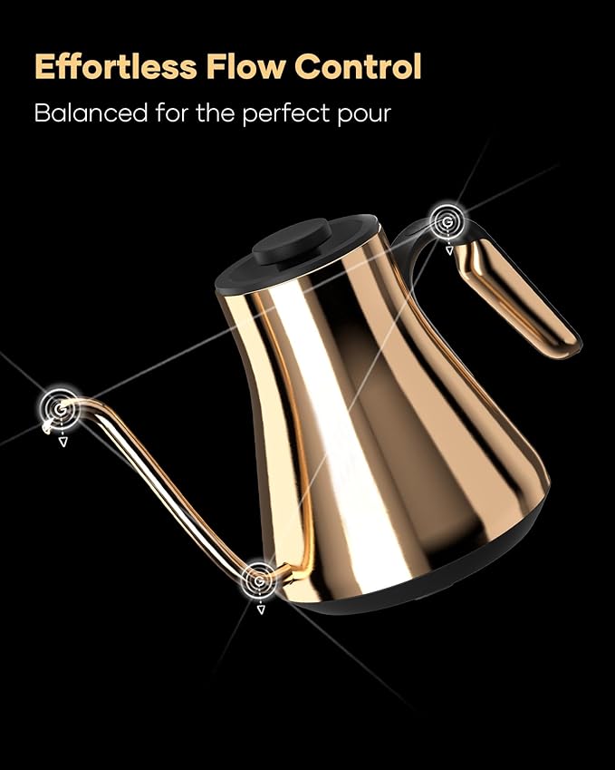 Cocinare Barista Collection Gooseneck Electric Kettle, ±1℉ Precise Temperature Control for Pour-Over Coffee & Tea, Quick Heating 1500W, Stainless Steel Interior, 0.9L (Gustav Gold)