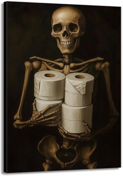 Gothic Skull Wall Art Funny Skeleton with Toilet Paper Canvas Print Vintage Skull Painting Framed Artwork for Living Room Home Halloween Wall Decor(Artwork-8,28"x42")