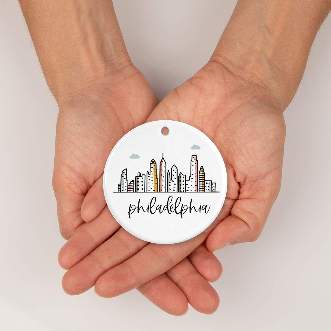 Andaz Press Round Ceramic Porcelain Christmas Tree Ornament Keepsake Gift, Philadelphia, Colorful City Skyline Graphic, 1-Pack, Birthday Ideas Family Coworker Him Her, Includes Gift Box
