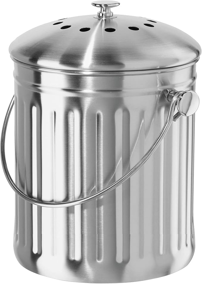 OGGI Countertop Compost Bin with Lid-1 Gallon Indoor Compost Bin w/Charcoal Filter, Stainless Steel Compost Container, Ideal Kitchen Compost Pail, Eco Friendly Products