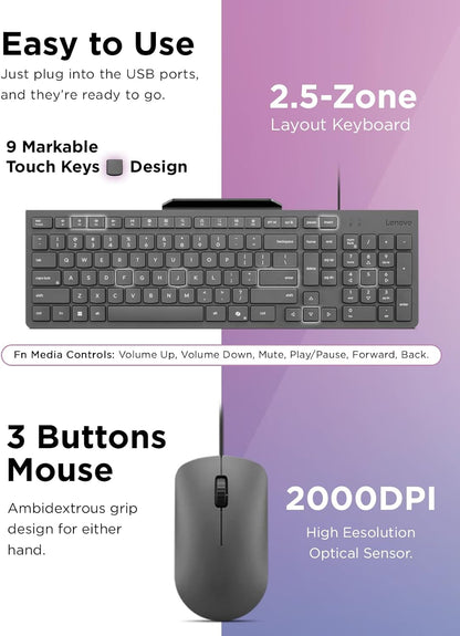 Lenovo 310 USB-A Wired Keyboard Mouse Combo, Quiet Keys, Ultra-Slim Gaming Design, Spill-Resistant, Integrated Phone Stand, Compatible w Laptop, PC, Tablet – Ergonomic Mouse Mechanical Keyboard USB